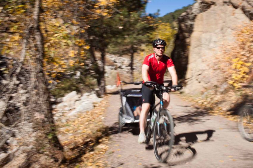 Riding down Boulder Creek with Child Trailer